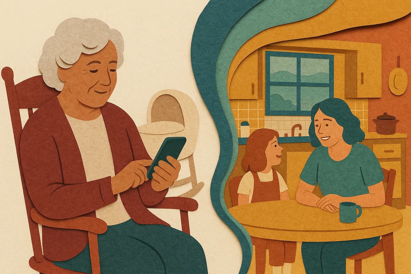 A new grandmother in a rocking chair with her phone in hand and a bassinet just visible behind her, her own childhood kitchen unfolding in layered paper beside her