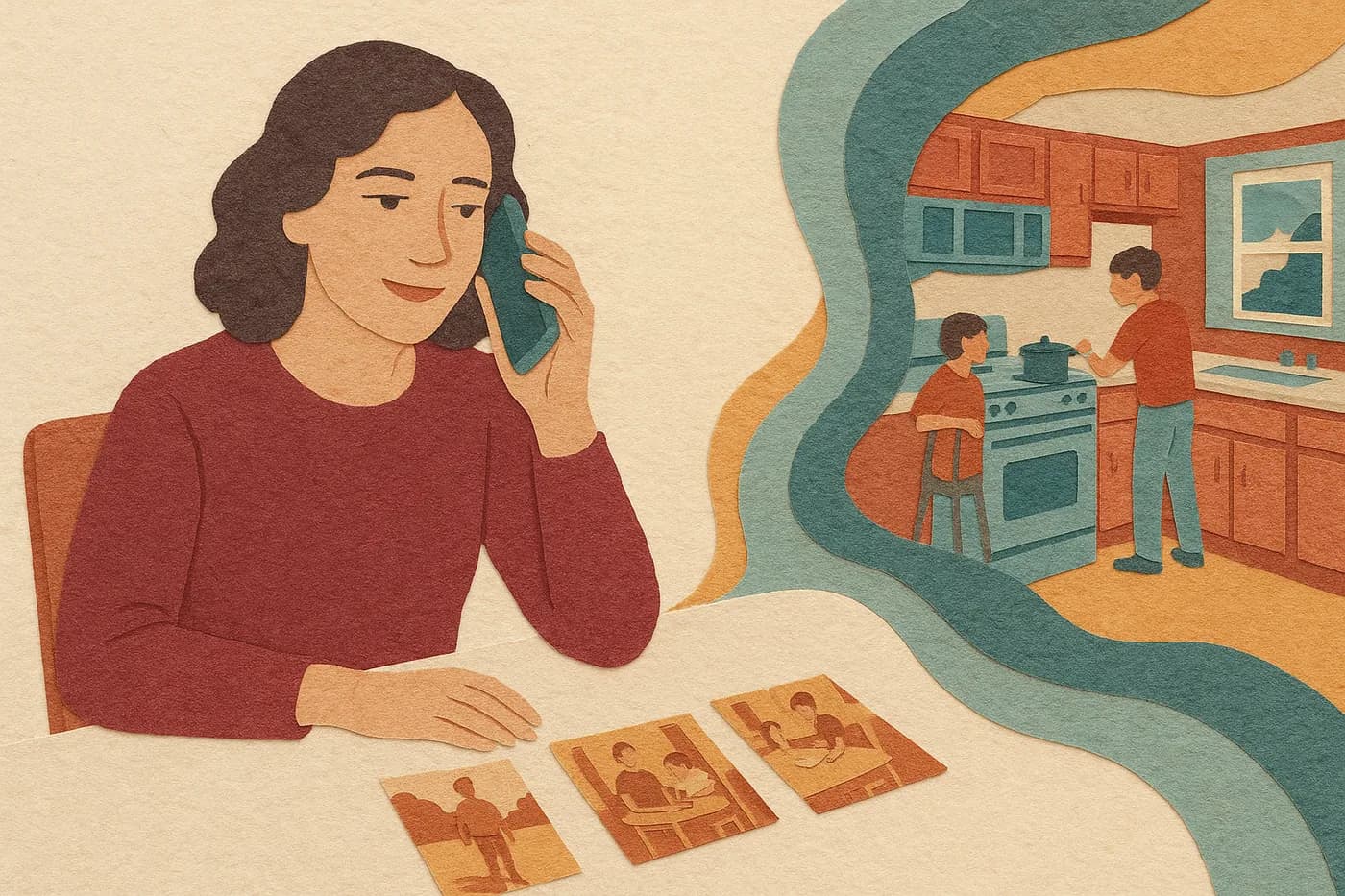 A woman at her kitchen table with her brother on speakerphone and three old photographs between them, a shared childhood kitchen unfolding in layered paper beside her as their memories of the same summer start to differ