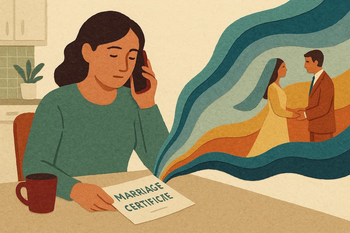 A woman at her kitchen table on the phone, a marriage certificate resting in her free hand, the wedding day it names unfolding in layered paper beside her