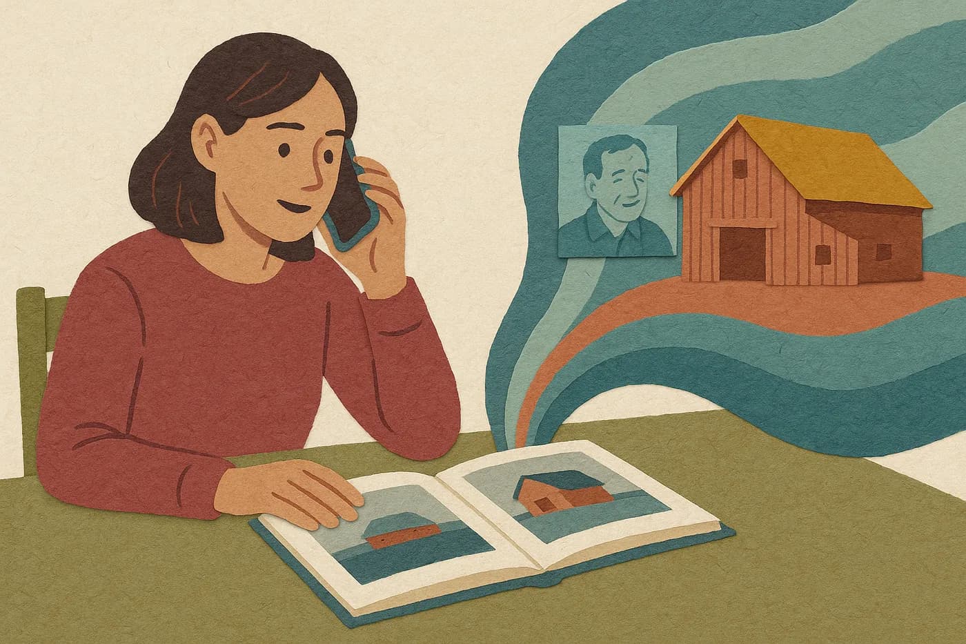 A daughter at her dining table with an unfinished photo book open beside her, on the phone with her father, the barn he's describing rising in layered paper beside an old photograph of it