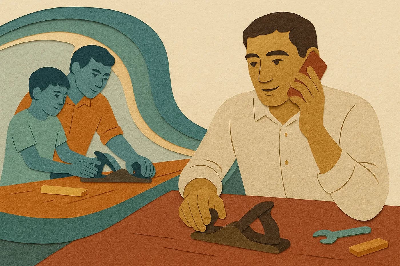A father at his workbench, a hand-me-down tool in his palm, the afternoon his own father taught him to use it unfolding in layered paper beside him
