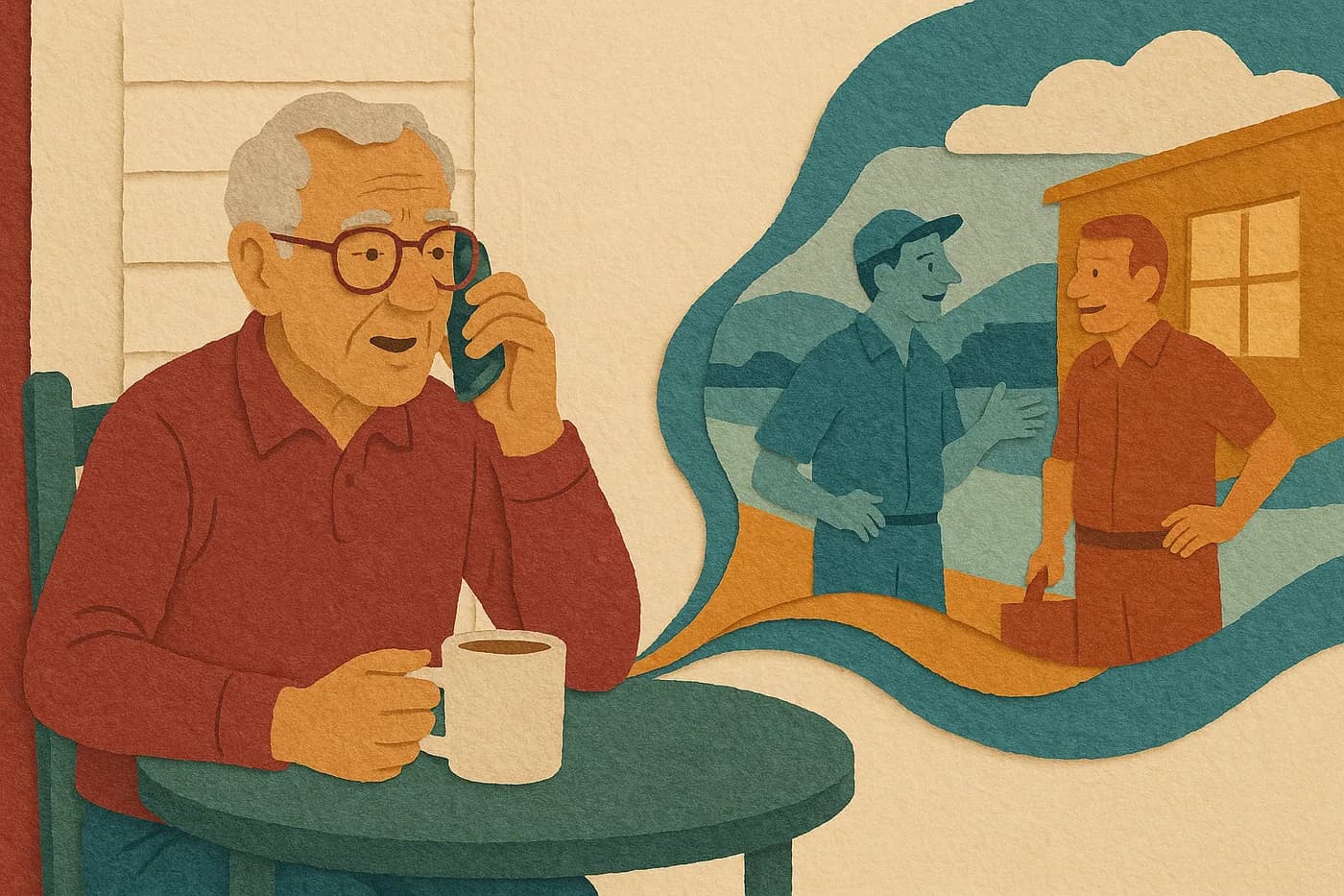 A grandfather on the phone from his porch, coffee cup in hand, the same story about his first job taking a slightly different shape as it unfolds in layered paper beside him