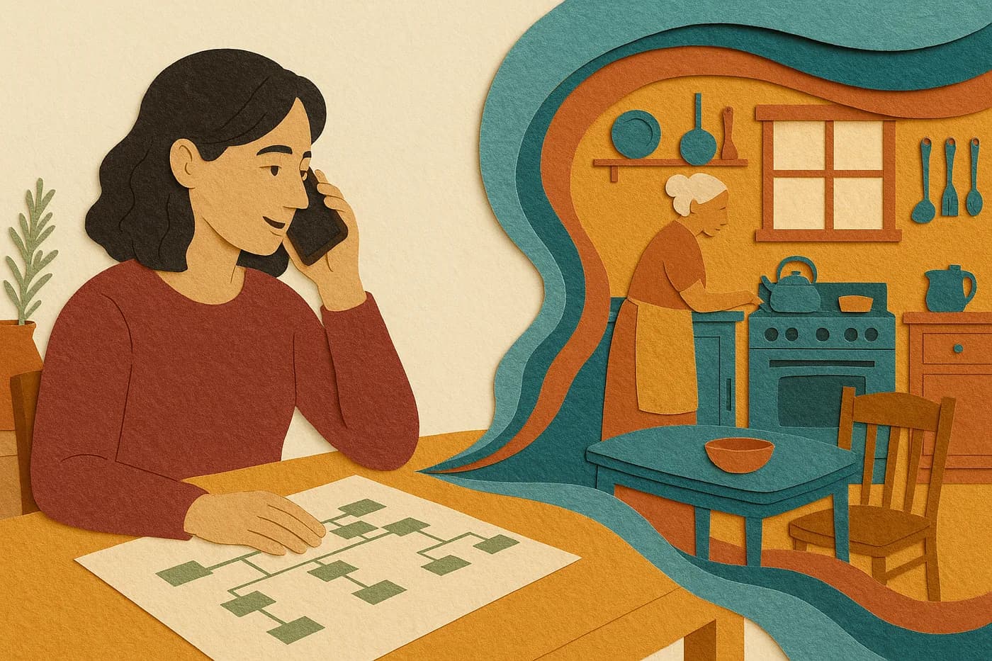 A woman at her dining table, a printed family tree spread beside her phone, her great-grandmother's kitchen unfolding in layered paper as a cousin describes it