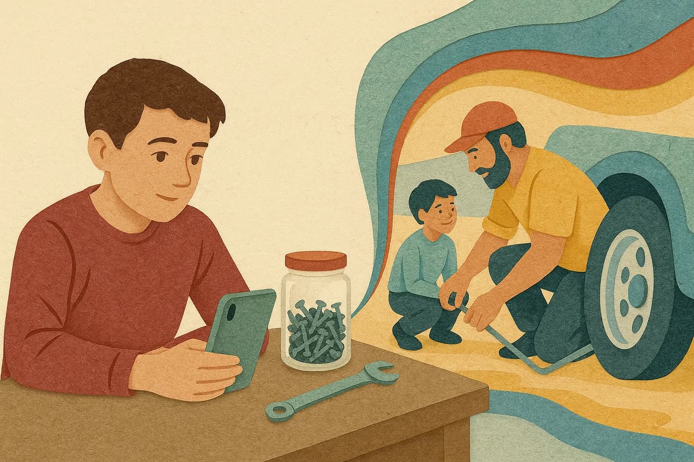 A son at his father's workbench, phone propped against a jar of screws, a memory of his father teaching him to change a tire unfolding in layered paper beside them