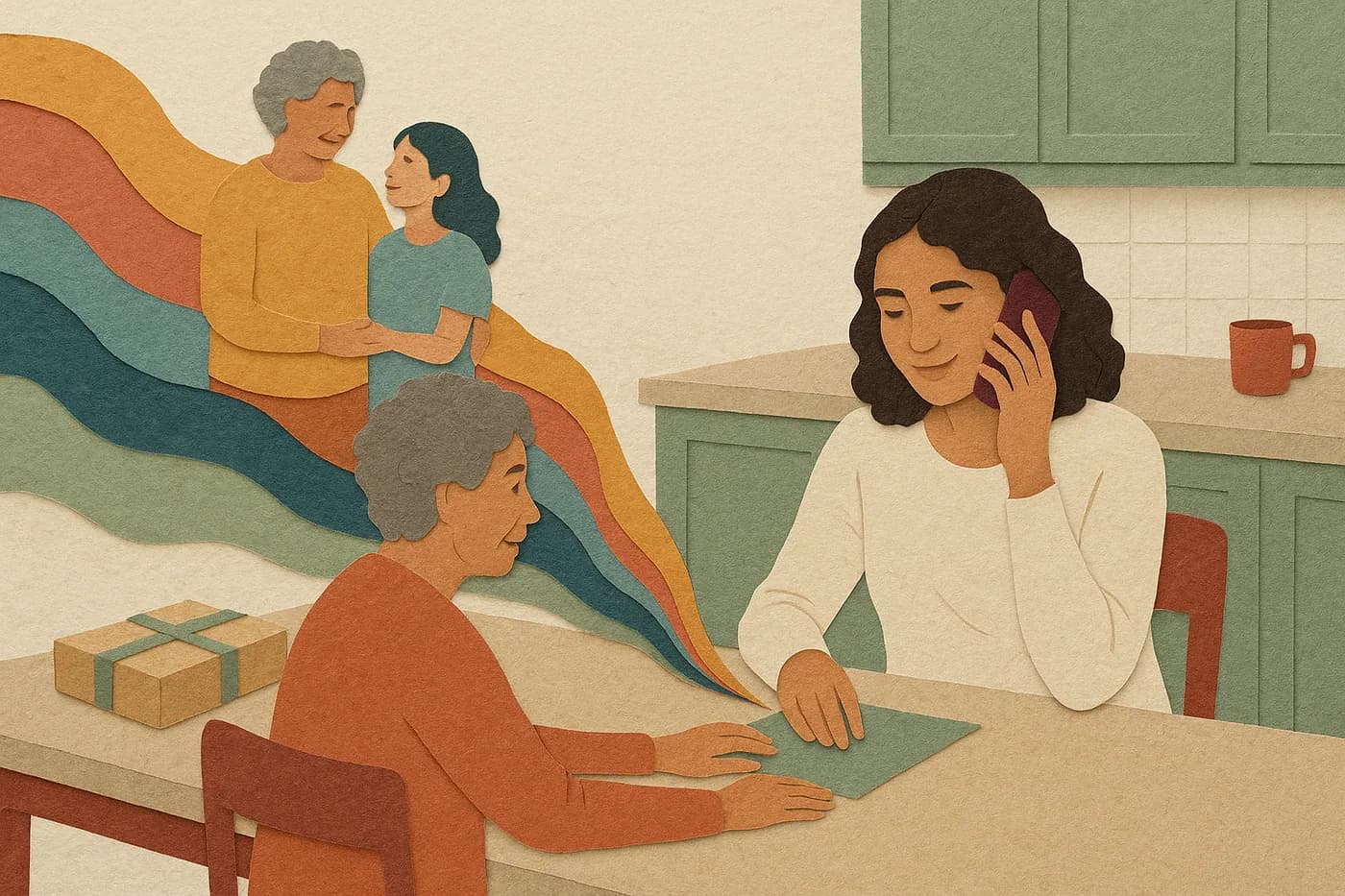 A grown daughter and her mother at a cleared kitchen table, an unopened parcel pushed to one side, a remembered afternoon unfolding in layered paper between them