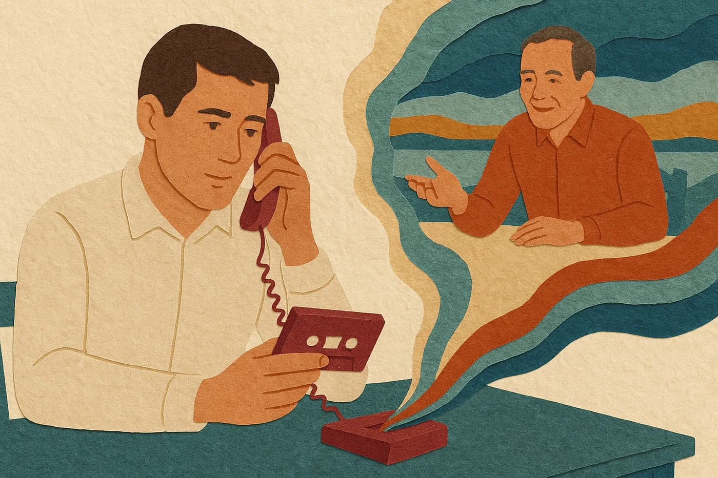 A son at his desk on the phone holding an old cassette tape, his father's voice from a decades-old recording unfolding in layered paper beside him