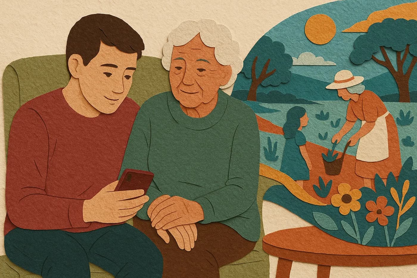 A grandson sitting close beside his grandmother's armchair, her hand in his, a garden from decades earlier unfolding in layered paper beside them
