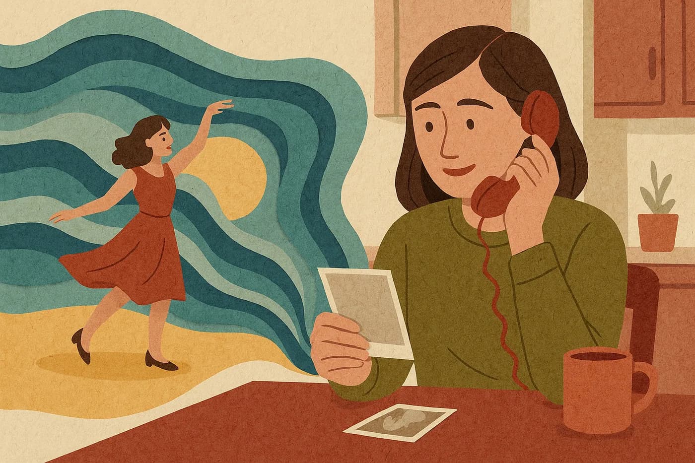 A daughter on the phone at her mother's kitchen table, an old photograph in her hands, a memory of her mother as a young woman on a dance floor unfolding in layered paper beside her