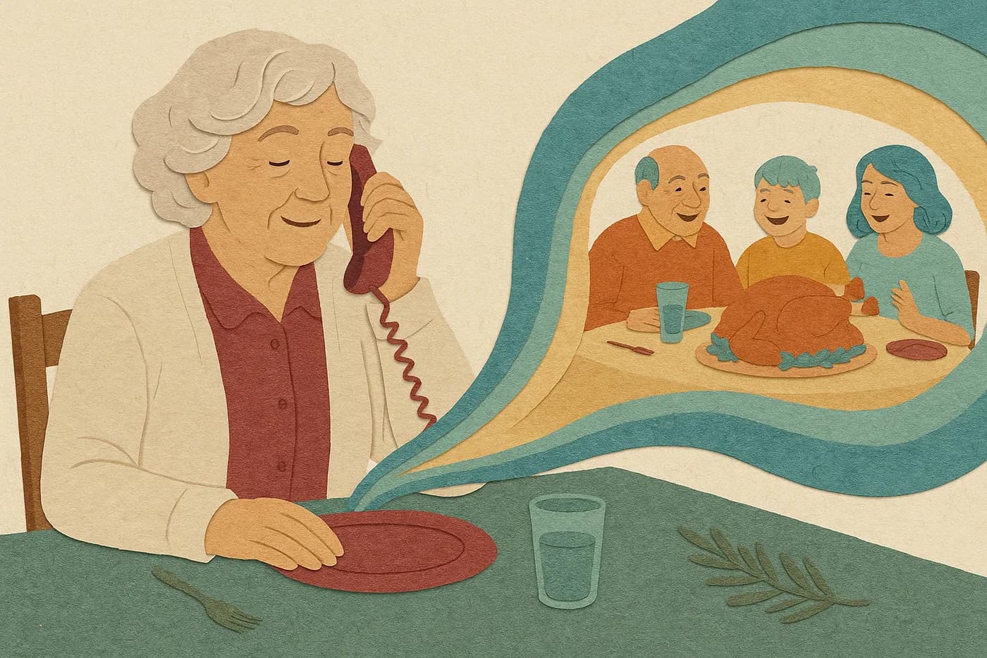 A grandmother mid-story at the holiday table, phone at her ear, the same well-worn tale unfolding again in the paper wave beside her — except this time the part she usually skips is the part taking shape