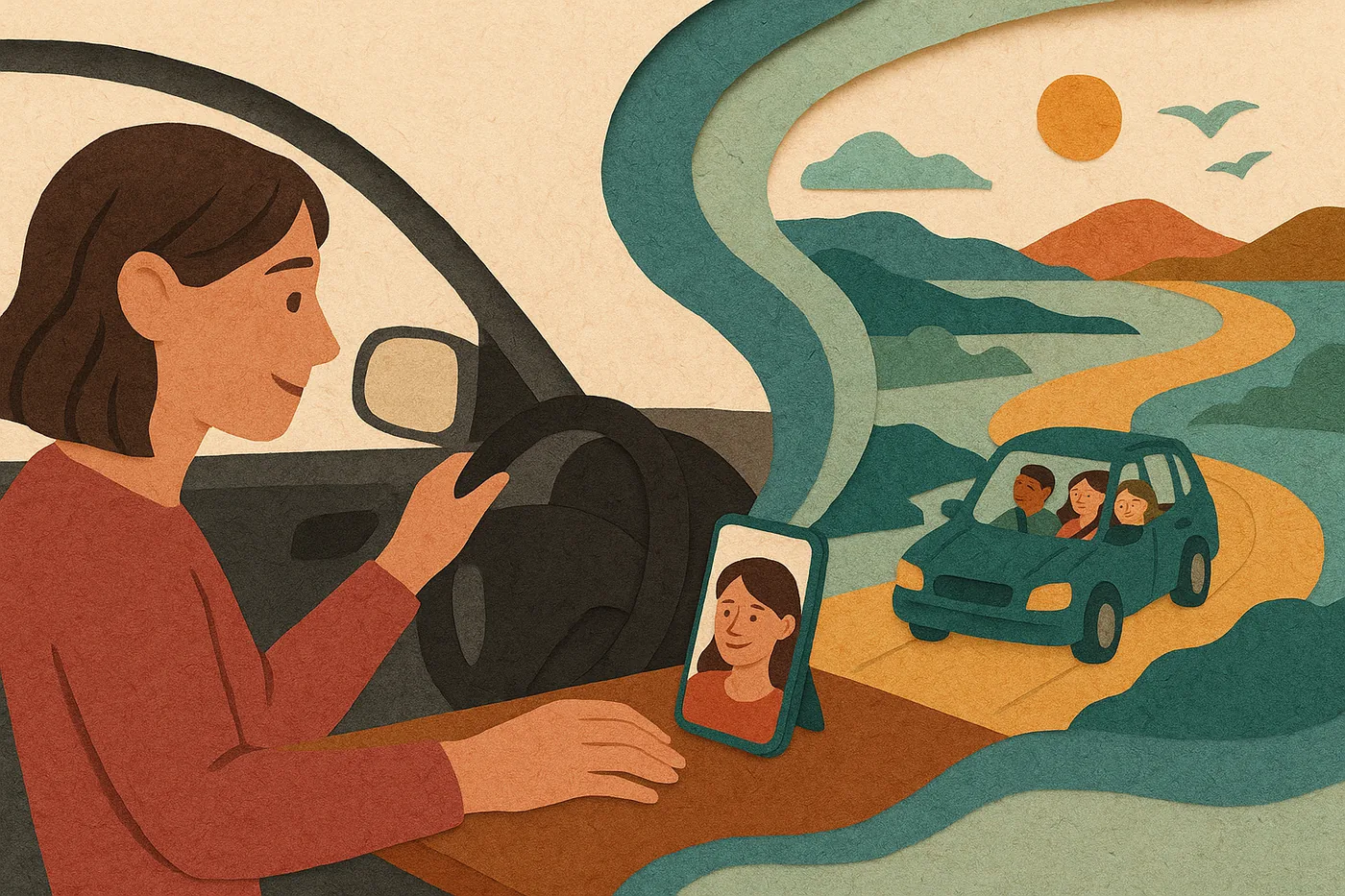 A daughter driving with her phone propped on the dashboard, a memory of a family road trip unfolding in layered paper beside the car