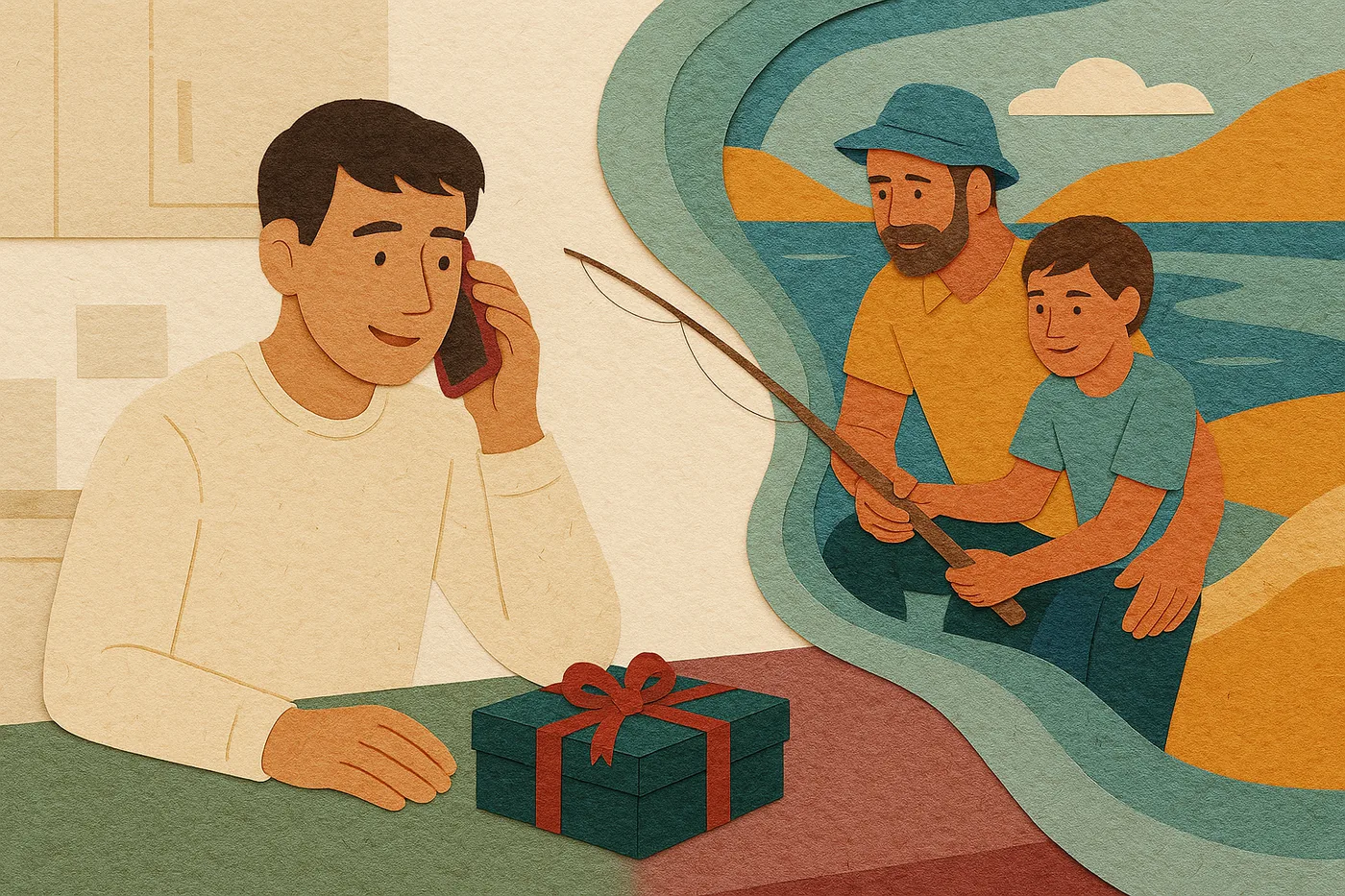 A son at his kitchen counter, phone to his ear and a gift box set aside unopened, a memory of his father teaching him to fish unfolding in layered paper beside him