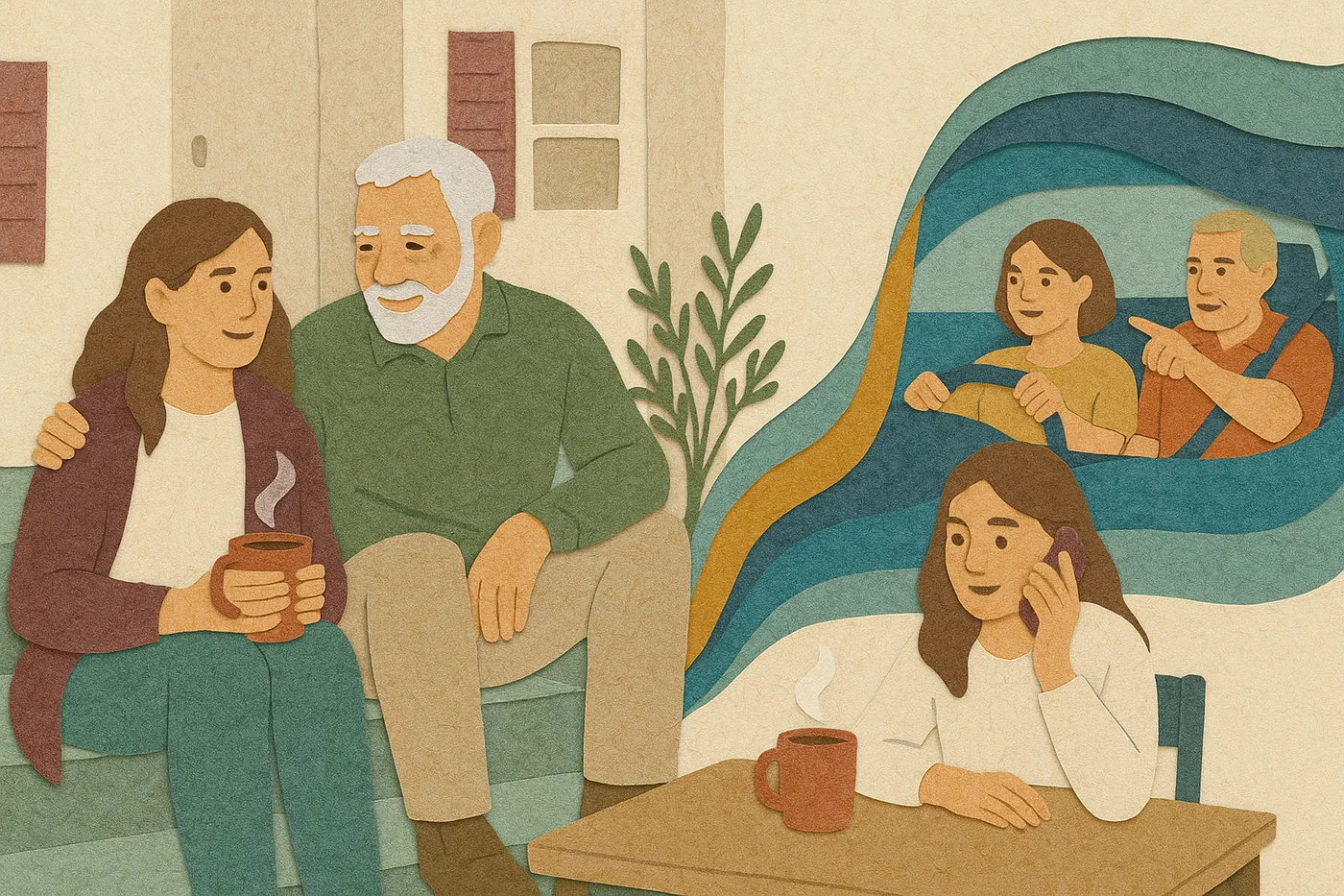 A daughter sitting beside her father on his porch steps, a mug in her hands, a memory of him teaching her to drive unfolding in layered paper beside them