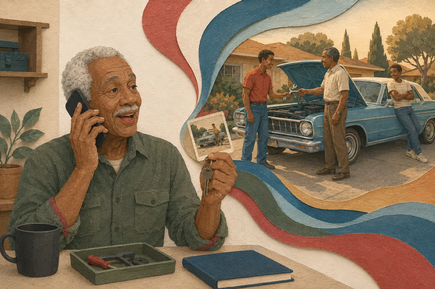A man on the phone holding a photograph of a car, a driveway memory unfolding in colored paper beside him.